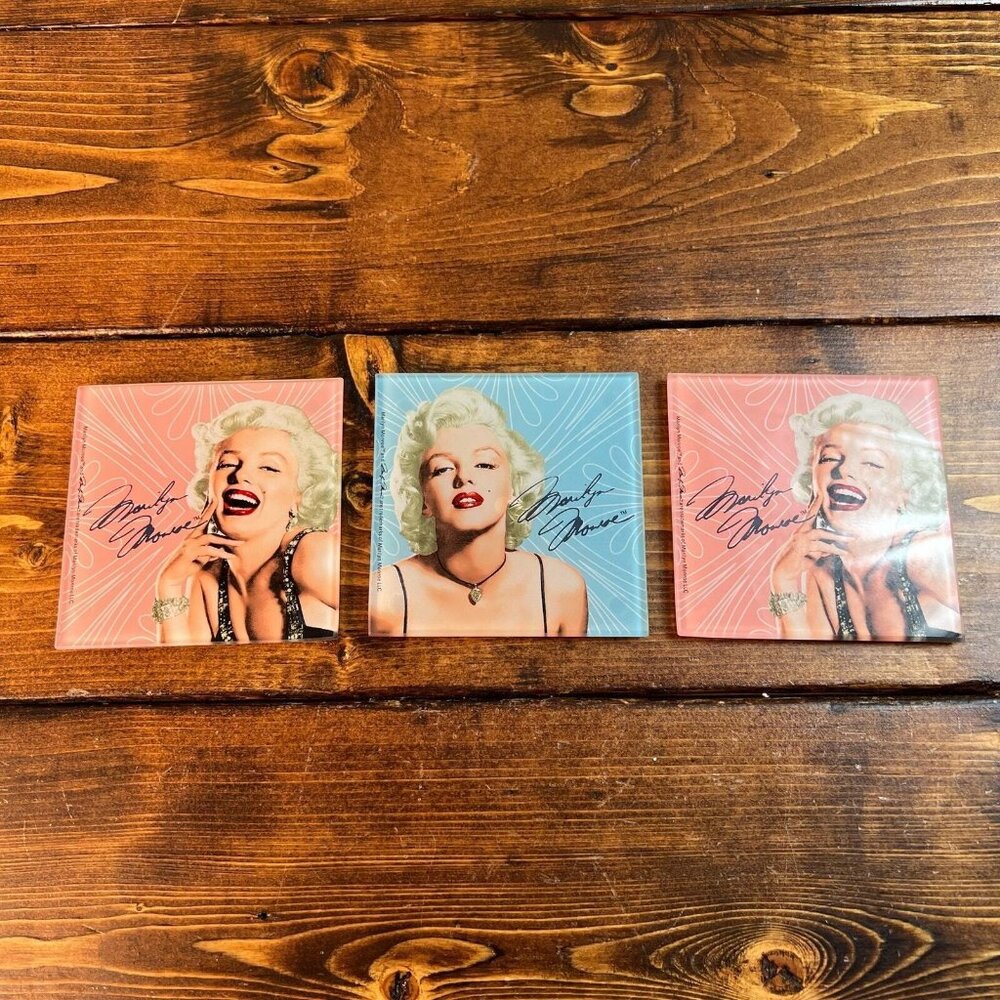 Vintage Marilyn Monroe Glass Coaster Set of Three coasters 4" X 4" pink blue